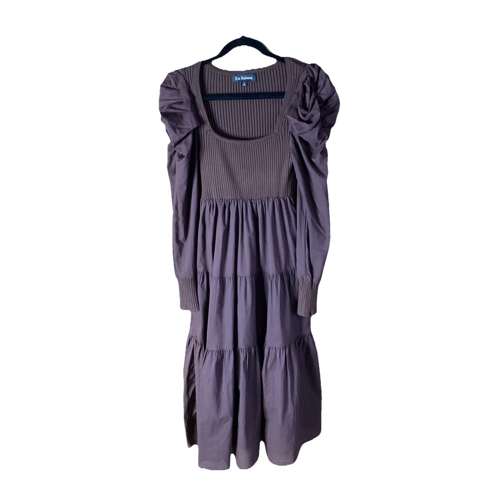 En Saison Ribbed Bodice & Cuff Puff Sleeve Tiered Midi Dress Cognac Brown  Sz S
